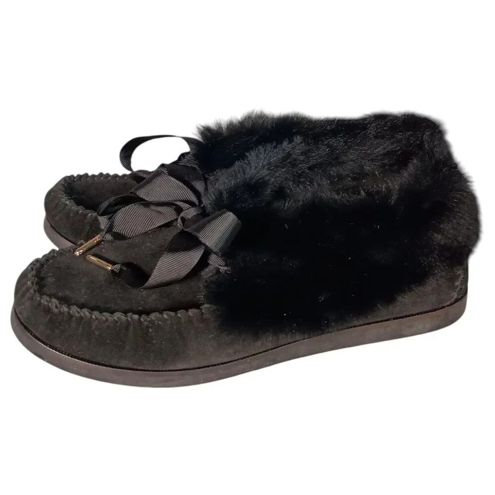 Tory Burch Aberdeen Slipper Moccasin Ankle Women 9 Leather Suede Shearling Black